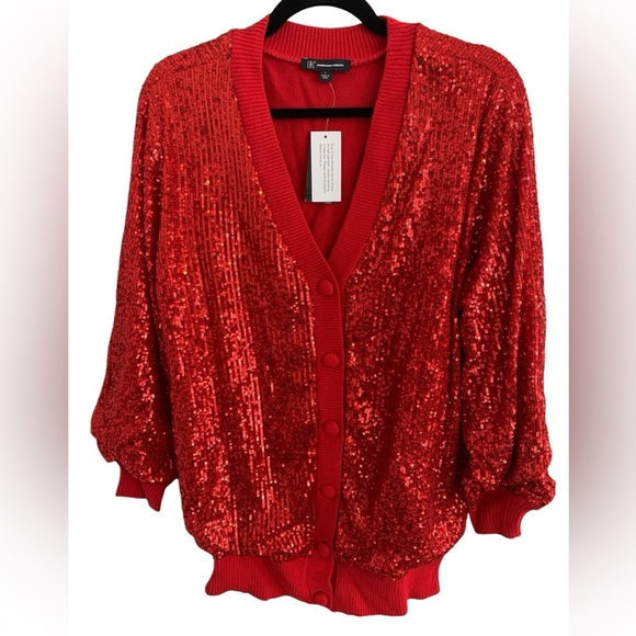 NWT INC Sequined RED Long Boyfriend Cardigan Large Get your “Shimmer On” - Picture 9 of 9